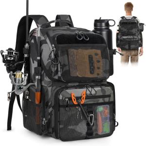 imageRAINSMORE 45L Fishing Backpack with Rod Holders ampamp Rain Cover Large Water Resistant Fishing Tackle bag Store Fishing GearBlack Gray Camouflage
