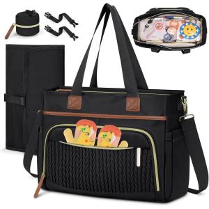 imageRAINSMORE Diaper Bag Tote Large Diaper Baby Bag Waterproof Multifunctional Diaper Bag with Pacifier Case ampamp Changing PadBlack