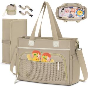 imageRAINSMORE Diaper Bag Tote Large Diaper Baby Bag Waterproof Multifunctional Diaper Bag with Pacifier Case ampamp Changing PadKhaki