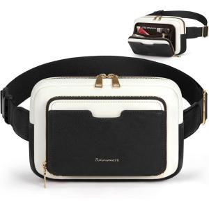 imageRAINSMORE Fanny Packs for Women Leather Belt Bag Waterproof Everywhere Crossbody Waist Pack with Adjustable Strap Retro Sling Chest Bag for Work Running Travel Party Black and Brown with WhiteBlack with White