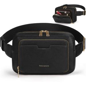 imageRAINSMORE Fanny Packs for Women Leather Belt Bag Waterproof Everywhere Crossbody Waist Pack with Adjustable Strap Retro Sling Chest Bag for Work Running Travel Party Black and Brown with WhiteBlack