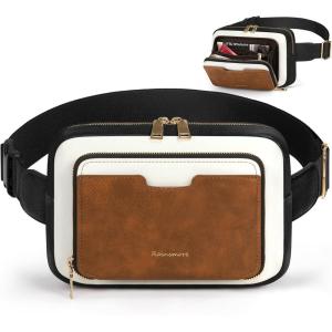 imageRAINSMORE Fanny Packs for Women Leather Belt Bag Waterproof Everywhere Crossbody Waist Pack with Adjustable Strap Retro Sling Chest Bag for Work Running Travel Party Black and Brown with WhiteBlack and Brown with White