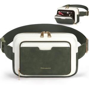 imageRAINSMORE Fanny Packs for Women Leather Belt Bag Waterproof Everywhere Crossbody Waist Pack with Adjustable Strap Retro Sling Chest Bag for Work Running Travel Party Black and Brown with WhiteDark Green with White