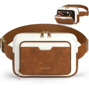 imageRAINSMORE Fanny Packs for Women Leather Belt Bag Waterproof Everywhere Crossbody Waist Pack with Adjustable Strap Retro Sling Chest Bag for Work Running Travel Party Black and Brown with WhiteBrown with White