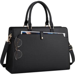 imageRAINSMORE Laptop Bag for Women 156 Inch Laptop Tote Bag Leather Work Bag Waterproof Womens Briefcase Business Office Computer Tote Bag Large Capacity Handbag Shoulder Bag BlackBlack
