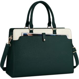 imageRAINSMORE Laptop Bag for Women 156 Inch Laptop Tote Bag Leather Work Bag Waterproof Womens Briefcase Business Office Computer Tote Bag Large Capacity Handbag Shoulder Bag BlackBeige and Dark Green