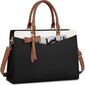 imageRAINSMORE Laptop Bag for Women 156 Inch PU Tote Bag Business Office Work Bag Waterproof Briefcase Computer Tote Lightweight Handbag Shoulder BlackBlackbeigedark Brown