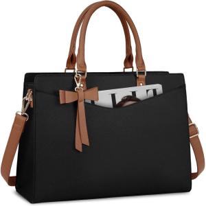 imageRAINSMORE Laptop Bag for Women 156 Inch PU Tote Bag Business Office Work Bag Waterproof Briefcase Computer Tote Lightweight Handbag Shoulder BlackBlack and Dark Brown