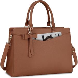 imageRAINSMORE Laptop Bag for Women 156 Inch PU Tote Bag Business Office Work Bag Waterproof Briefcase Computer Tote Lightweight Handbag Shoulder BlackDark Brown