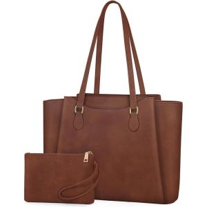 imageRAINSMORE Laptop Bag for Women 156 Inch Work Tote Bags Waterproof Computer Bags Leather Professional Laptop Purse Womens Laptop Briefcase Large Handbag for Office Teacher Travel BlackRetro Brown