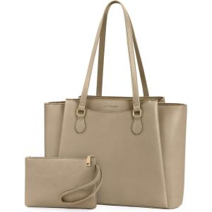 imageRAINSMORE Laptop Bag for Women 156 Inch Work Tote Bags Waterproof Computer Bags Leather Professional Laptop Purse Womens Laptop Briefcase Large Handbag for Office Teacher Travel BlackKhaki