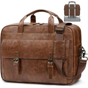 imageRAINSMORE Messenger Bag for Men 16 Inch Laptop Bag Vintage Leather Waterproof Laptop Briefcases Large Computer Satchel BagBrown