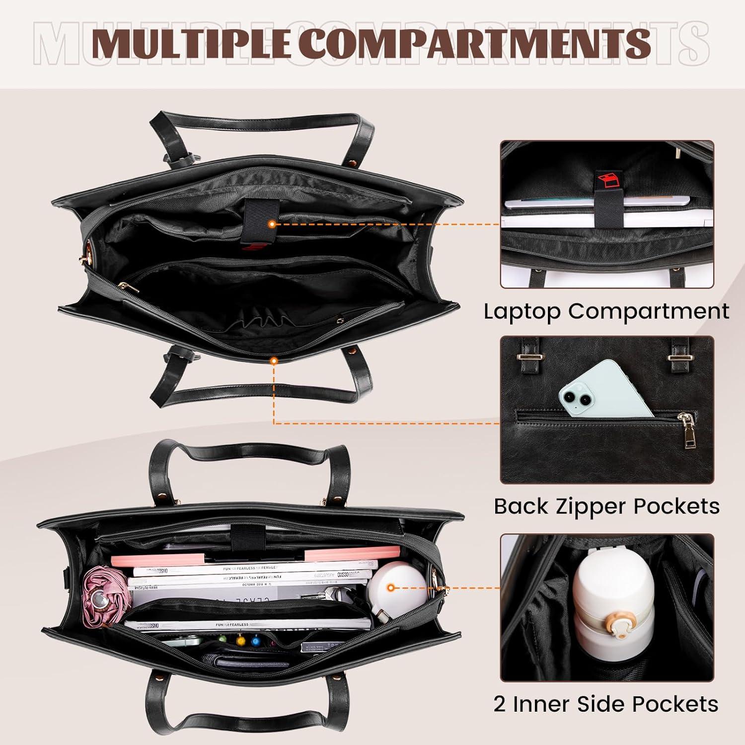 imageRAINSMORE Laptop Bag for Women 156 Inch Vintage Leather Professional Work Tote Bag Waterproof Computer Bag Shoulder Bag for Business Office