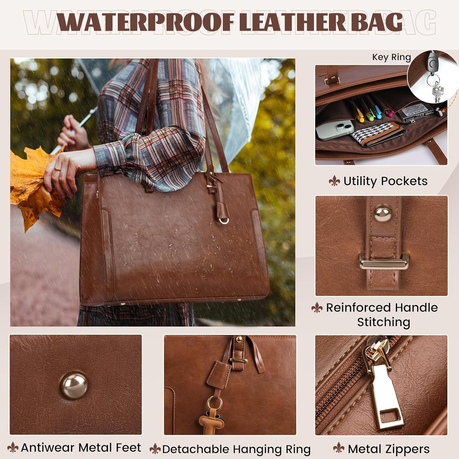 imageRAINSMORE Laptop Bag for Women 156 Inch Vintage Leather Professional Work Tote Bag Waterproof Computer Bag Shoulder Bag for Business Office Retro BrownRetro Brown