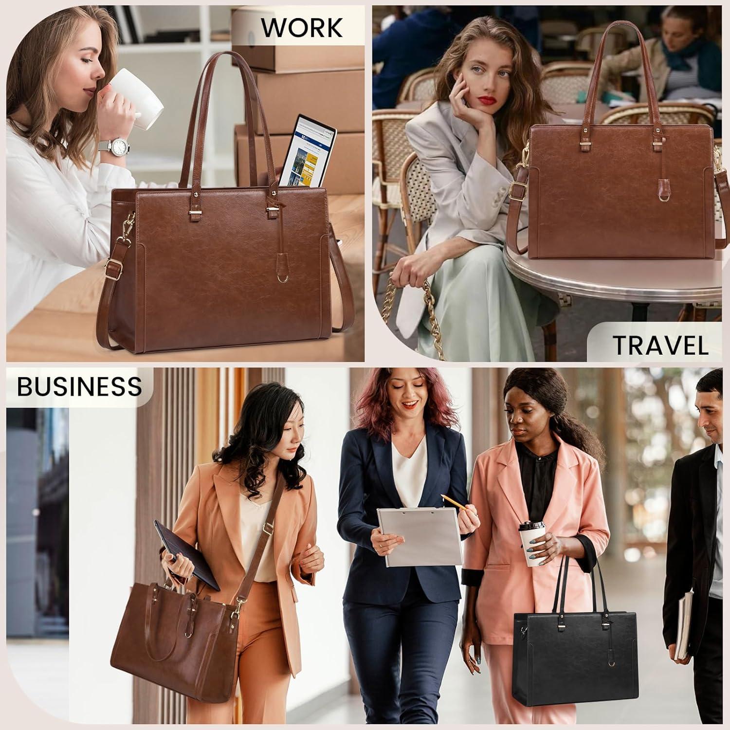 imageRAINSMORE Laptop Bag for Women 156 Inch Vintage Leather Professional Work Tote Bag Waterproof Computer Bag Shoulder Bag for Business Office Retro BrownRetro Brown