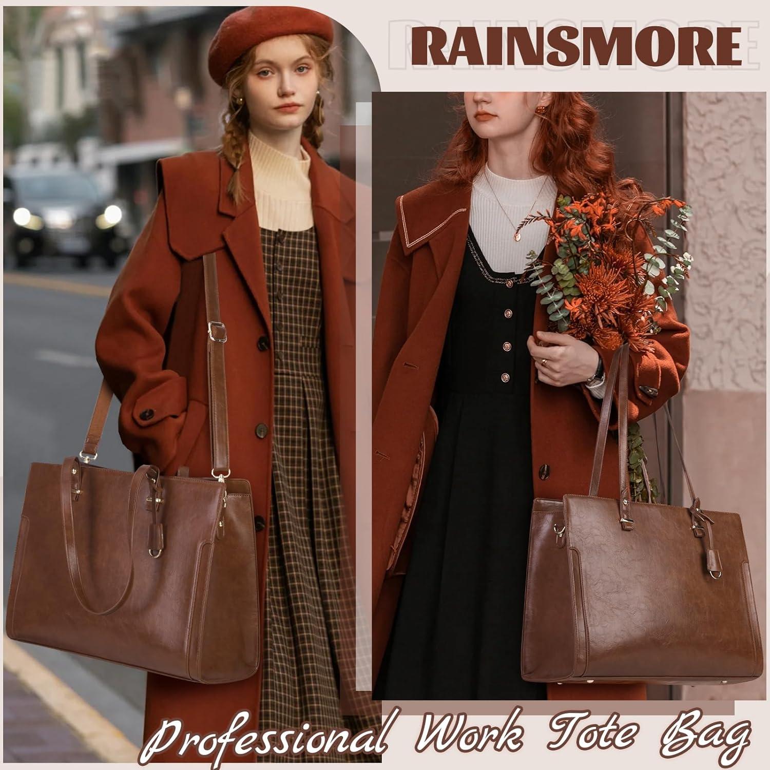 imageRAINSMORE Laptop Bag for Women 156 Inch Vintage Leather Professional Work Tote Bag Waterproof Computer Bag Shoulder Bag for Business Office Retro BrownRetro Brown