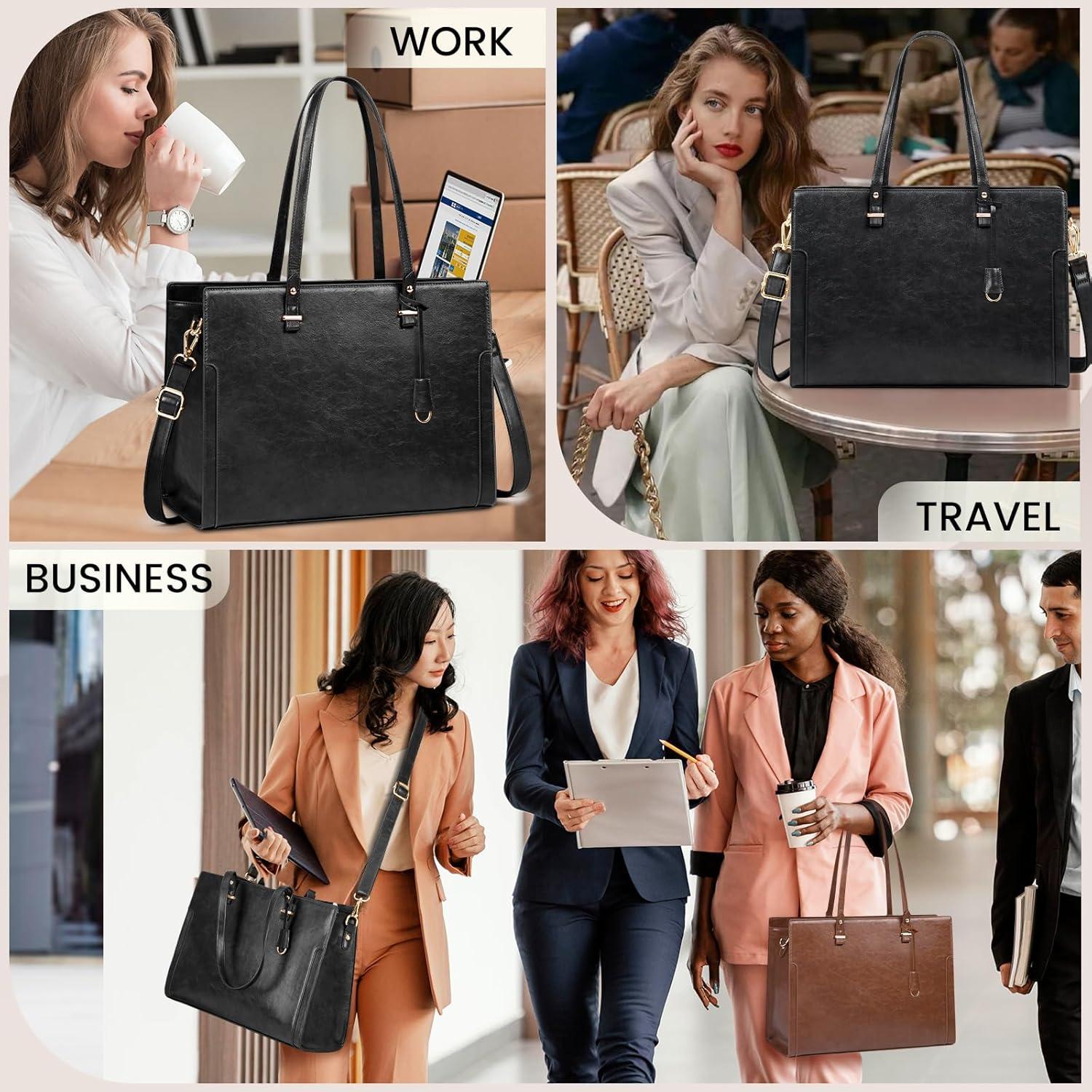 imageRAINSMORE Laptop Bag for Women 156 Inch Vintage Leather Professional Work Tote Bag Waterproof Computer Bag Shoulder Bag for Business Office Retro BrownBlack