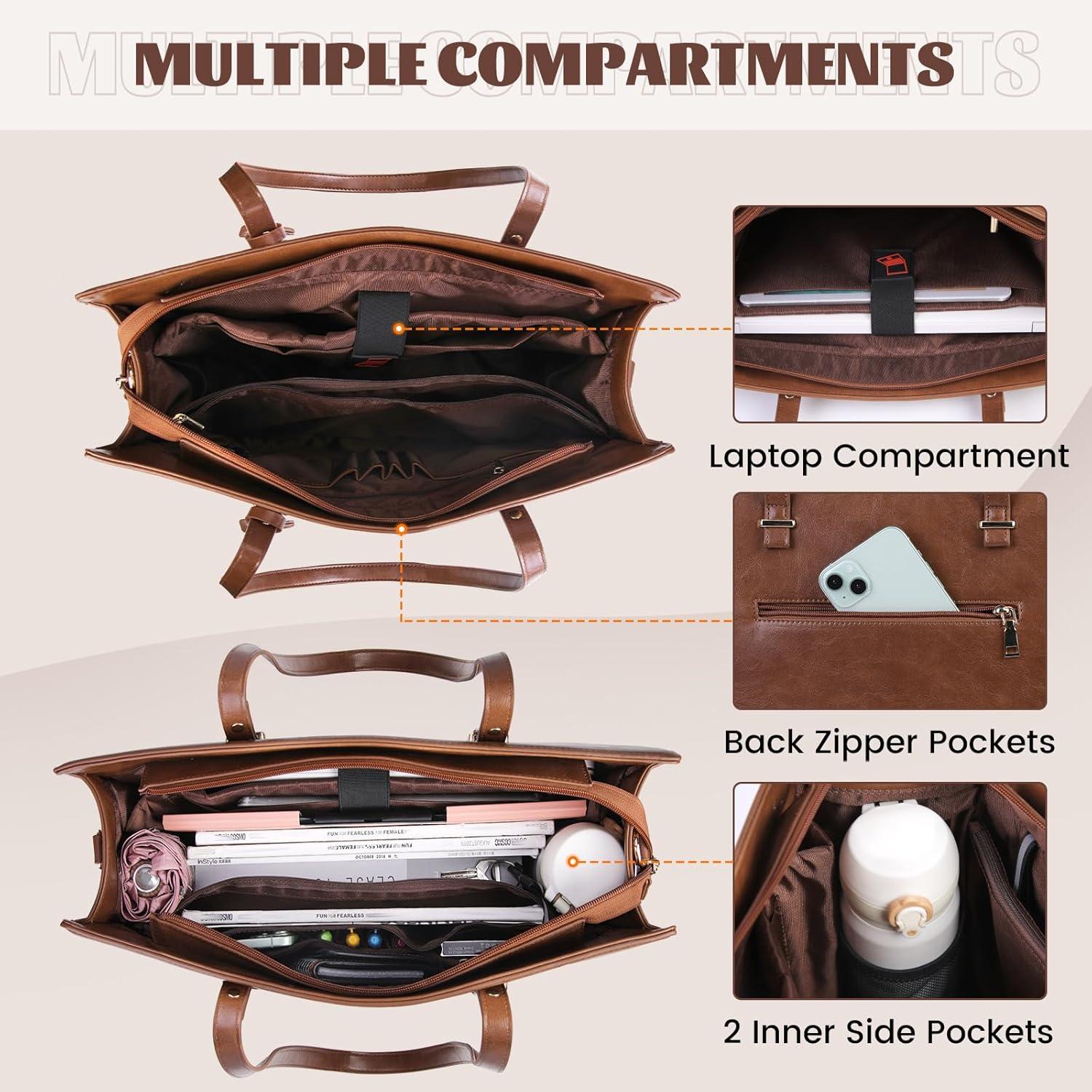 imageRAINSMORE Laptop Bag for Women 156 Inch Vintage Leather Professional Work Tote Bag Waterproof Computer Bag Shoulder Bag for Business Office Retro BrownRetro Brown