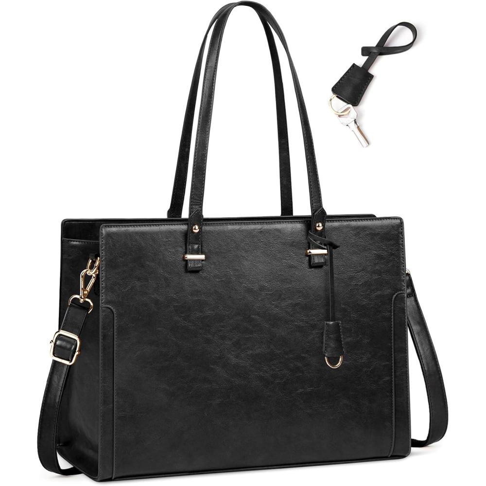 imageRAINSMORE Laptop Bag for Women 156 Inch Vintage Leather Professional Work Tote Bag Waterproof Computer Bag Shoulder Bag for Business Office