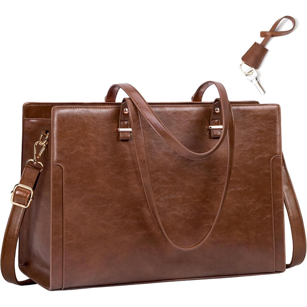 imageRAINSMORE Laptop Bag for Women 156 Inch Vintage Leather Professional Work Tote Bag Waterproof Computer Bag Shoulder Bag for Business Office Retro BrownRetro Brown