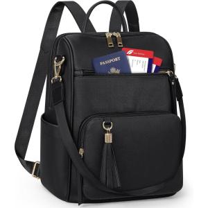 imageRAINSMORE Backpack Purse for Women Leather Travel Backpack Purse Waterproof Anti Theft Fashion Small Casual Mini Daypacks Ladies Convertible Handbags Shoulder Bag with Tassel Beige and BrownBlack