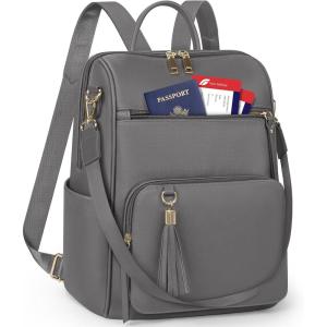 imageRAINSMORE Backpack Purse for Women Leather Travel Backpack Purse Waterproof Anti Theft Fashion Small Casual Mini Daypacks Ladies Convertible Handbags Shoulder Bag with Tassel Beige and BrownGrey