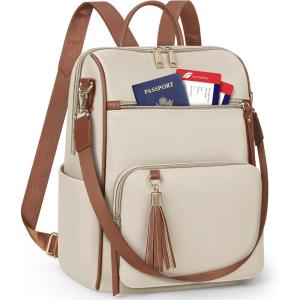 imageRAINSMORE Backpack Purse for Women Leather Travel Backpack Purse Waterproof Anti Theft Fashion Small Casual Mini Daypacks Ladies Convertible Handbags Shoulder Bag with Tassel Beige and BrownBeige and Brown