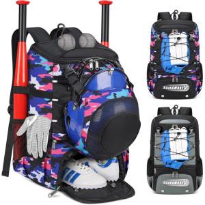 imageRAINSMORE Baseball Bag for Youth ampamp Adult Lightweight Softball Bat Bag with Shoe Compartment External Helmet Holder and Fence Hook Waterproof Baseball Backpack Hold TBall Bat and Softball EquipmentPink Camouflage