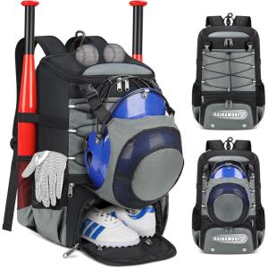 imageRAINSMORE Baseball Bag for Youth ampamp Adult Lightweight Softball Bat Bag with Shoe Compartment External Helmet Holder and Fence Hook Waterproof Baseball Backpack Hold TBall Bat and Softball EquipmentGrey