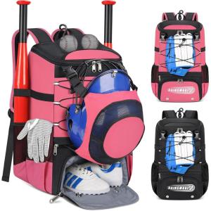 imageRAINSMORE Baseball Bag for Youth ampamp Adult Lightweight Softball Bat Bag with Shoe Compartment External Helmet Holder and Fence Hook Waterproof Baseball Backpack Hold TBall Bat and Softball EquipmentPink
