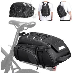 imageRAINSMORE Bike Bags for Bicycle Rear Rack 15L Waterproof Bike Ebike Trunk Pannier Saddle Bag with Rain Cover Bike Accessories Backpack Shoulder Bag for Commuter Travel Outdoor BlackBlack