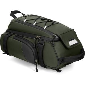 imageRAINSMORE Bike Bags for Bicycle Rear Rack 15L Waterproof Bike Ebike Trunk Pannier Saddle Bag with Rain Cover Bike Accessories Backpack Shoulder Bag for Commuter Travel Outdoor BlackGreen