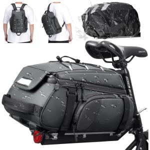 imageRAINSMORE Bike Bags for Bicycle Rear Rack 15L Waterproof Bike Ebike Trunk Pannier Saddle Bag with Rain Cover Bike Accessories Backpack Shoulder Bag for Commuter Travel Outdoor BlackGrey