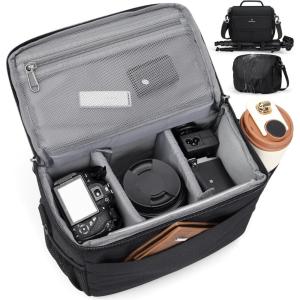 imageRAINSMORE Camera Bag for DSLR SLR Mirrorless CameraSmall Camera Sling Bag for Photographers Waterproof Camera Case with Tripod Holder Compact Camera Bag Crossbody with Rain Cover BlackBlack