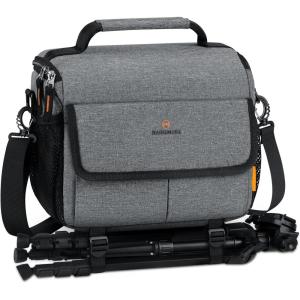 imageRAINSMORE Camera Bag for DSLR SLR Mirrorless CameraSmall Camera Sling Bag for Photographers Waterproof Camera Case with Tripod Holder Compact Camera Bag Crossbody with Rain Cover BlackGrey