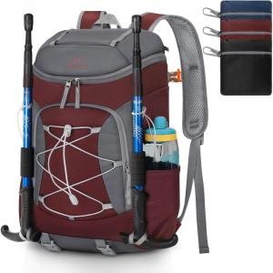 imageRAINSMORE Foldable Hiking Backpack for Women Men Packable Camping Backpack 40L Waterproof Hiking Daypack Bag Lightweight Collapsible Daypack for Travel Trekking Mountaineering Large Capacity BlackDark Red and Grey