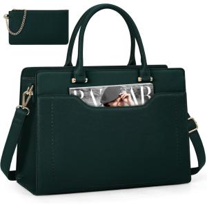 imageRAINSMORE Laptop Bag for Women 156 Inch Laptop Tote Bag Waterproof Leather Work Bags Professional Computer Briefcase Large Capacity Handbag for Business Teacher Office BlackDark Green