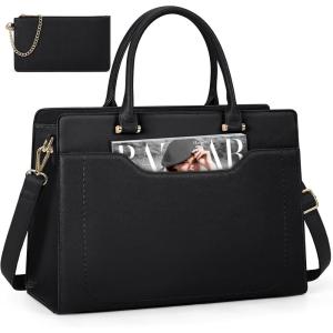 imageRAINSMORE Laptop Bag for Women 156 Inch Laptop Tote Bag Waterproof Leather Work Bags Professional Computer Briefcase Large Capacity Handbag for Business Teacher Office BlackBlack