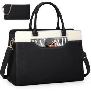 imageRAINSMORE Laptop Bag for Women 156 Inch Laptop Tote Bag Waterproof Leather Work Bags Professional Computer Briefcase Large Capacity Handbag for Business Teacher Office BlackBlack and White