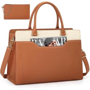 imageRAINSMORE Laptop Bag for Women 156 Inch Laptop Tote Bag Waterproof Leather Work Bags Professional Computer Briefcase Large Capacity Handbag for Business Teacher Office BlackBrown and White