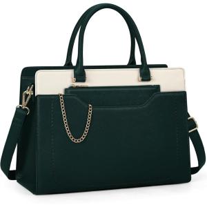imageRAINSMORE Laptop Bag for Women 156 Inch Laptop Tote Bag Waterproof Leather Work Bags Professional Computer Briefcase Large Capacity Handbag for Business Teacher Office BlackGreen and White