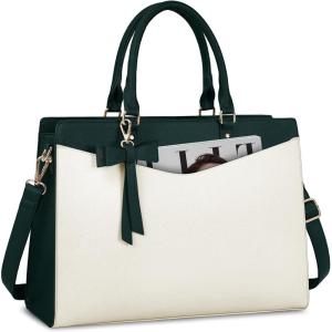 imageRAINSMORE Laptop Bag for Women 156 Inch PU Leather Laptop Tote Professional Business Office Work Bag Waterproof Briefcase Computer Tote Bag Large Lightweight Handbag Shoulder BagDark Green and Beige
