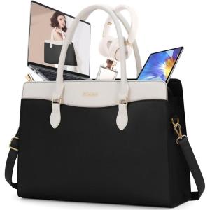 imageRAINSMORE Laptop Bag for Women 156 Inch Waterproof PU Leather Work Tote Bags Large Laptop Purse for Women Professional Womens Briefcase Computer Bags for Business Office Teacher Black ampamp WhiteBlack  White