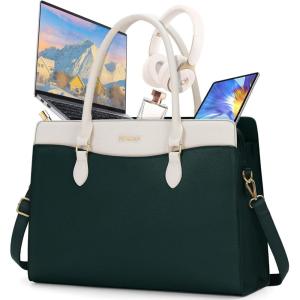 imageRAINSMORE Laptop Bag for Women 156 Inch Waterproof PU Leather Work Tote Bags Large Laptop Purse for Women Professional Womens Briefcase Computer Bags for Business Office Teacher Black ampamp WhiteDark Green  White