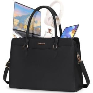 imageRAINSMORE Laptop Bag for Women 156 Inch Waterproof PU Leather Work Tote Bags Large Laptop Purse for Women Professional Womens Briefcase Computer Bags for Business Office Teacher Black ampamp WhiteBlack