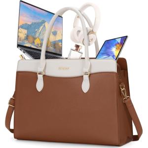 imageRAINSMORE Laptop Bag for Women 156 Inch Waterproof PU Leather Work Tote Bags Large Laptop Purse for Women Professional Womens Briefcase Computer Bags for Business Office Teacher Black ampamp WhiteDark Brown  White