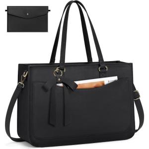 imageRAINSMORE Laptop Bag for Women 156 Inch Work Tote Bags Leather Laptop Tote Waterproof Computer Bag Professional Office Business Briefcase Large Handbag for College Teacher Travel BlackBlack