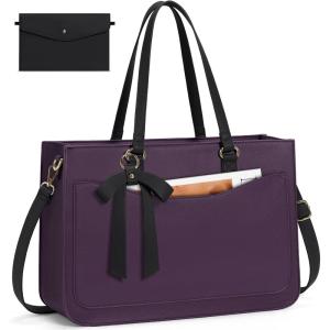 imageRAINSMORE Laptop Bag for Women 156 Inch Work Tote Bags Leather Laptop Tote Waterproof Computer Bag Professional Office Business Briefcase Large Handbag for College Teacher Travel BlackPurple and Black