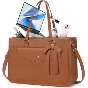 imageRAINSMORE Laptop Bag for Women 156 Inch Work Tote Bags Leather Laptop Tote Waterproof Computer Bag Professional Office Business Briefcase Large Handbag for College Teacher Travel BlackBrown
