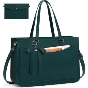 imageRAINSMORE Laptop Bag for Women 156 Inch Work Tote Bags Leather Laptop Tote Waterproof Computer Bag Professional Office Business Briefcase Large Handbag for College Teacher Travel BlackGreen
